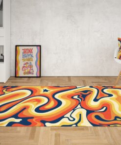 Curvy Groovy 70s Style Rugs With Navy Blue Orange Wavy Retro Colors