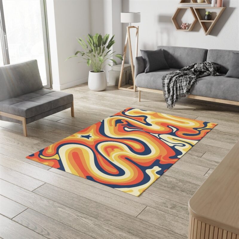 Curvy Groovy 70s Style Rugs With Navy Blue Orange Wavy Retro Colors