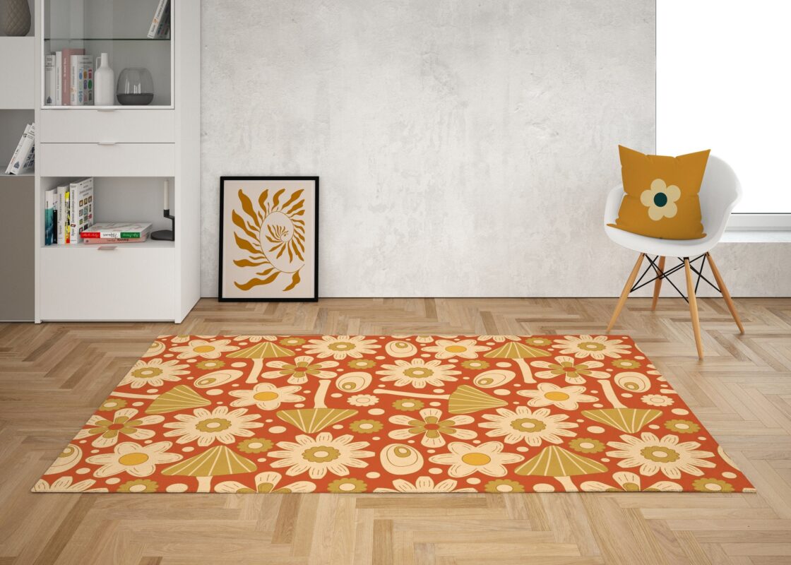 Retro Mushroom Graphic With 70s Style Area Rug, Psychedelic Groovy Rug For Bedroom Aesthetic, Y2k Dorm Décor