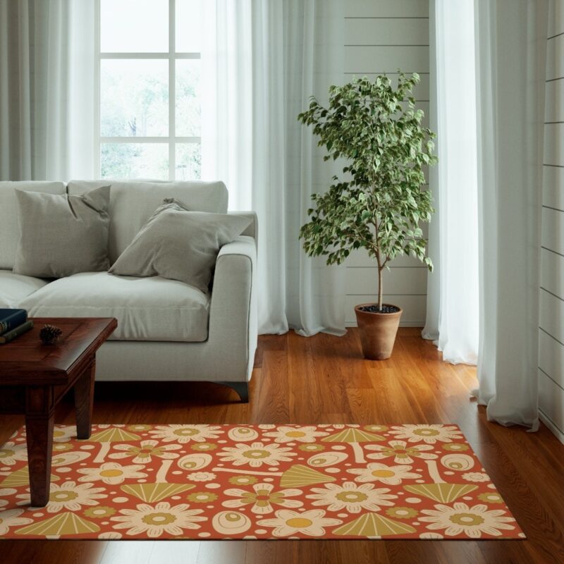 Retro Mushroom Graphic With 70s Style Area Rug, Psychedelic Groovy Rug For Bedroom Aesthetic, Y2k Dorm Décor