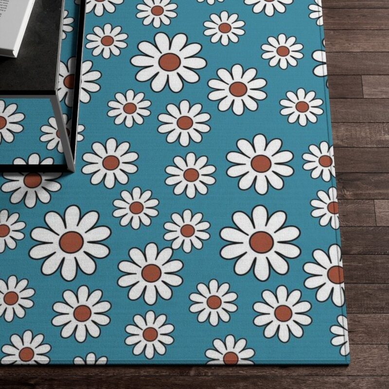 Cute Blue Daisy Hippie Floral 70s Floor Carpet