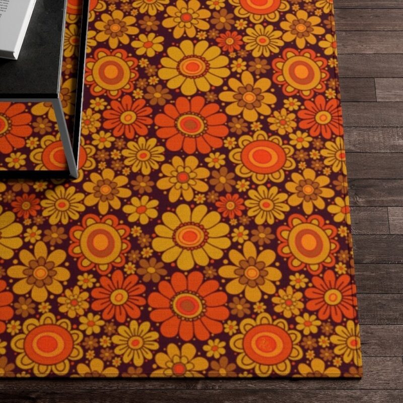 Retro Floral Area Rug For 70s Style Bedroom Living Room Aesthetic