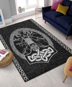Black And White Viking Mjolnir Tree of Life Futharkorse Viking Area Rug For Living Room Bedroom