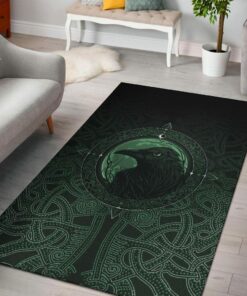Dark Green Ethnic Odin Raven Viking Style Area Rug For Living Room Bedroom