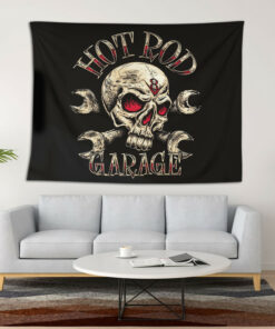 Hot Rod Iron Skull Speed Shop Garage Tapestry Wall Hanging