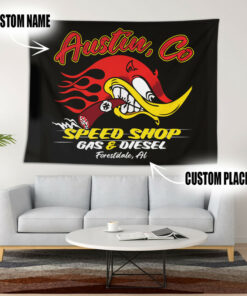 Personalized Gas And Diesel Hot Rod Devil Mr Horsepower Garage Tapestry