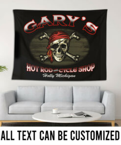 Personalized Hot Rod And Cycle Shop Pirate Skull Garage Tapestry