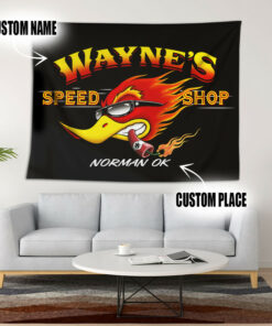 Personalized Mr Horsepower Hot Rod Woodpecker Speed Shop Tapestry Garage Decor