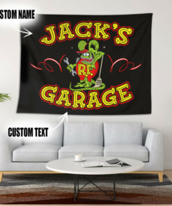 Personalized Old School Hot Rod Rat Rink Pinstripe Lettering Garage Tapestry