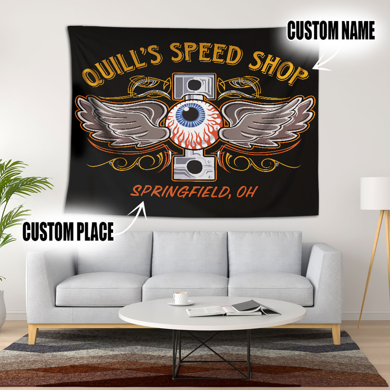 Personalized Pinstripe Eye Balls Piston Hot Rod Garage Tapestry Dingmun