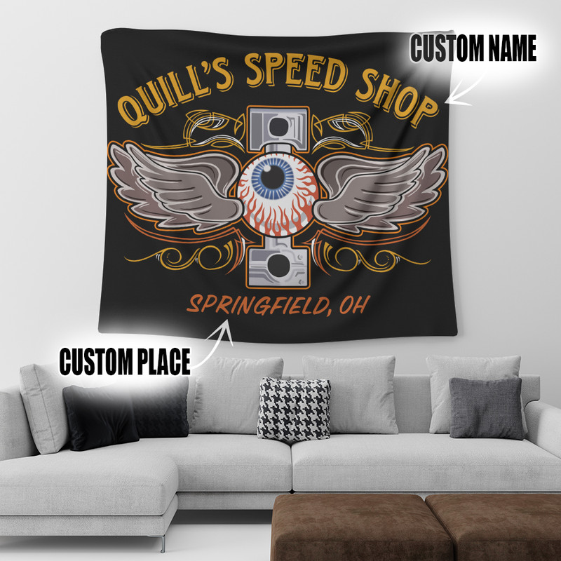 Personalized Pinstripe Eye Balls Piston Hot Rod Garage Tapestry