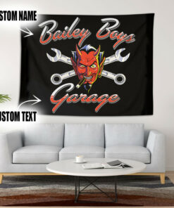 Personalized Pinstripe Red Devil Hot Rod Garage Tapestry