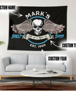 Personalized Skull And Wing Hot Rod Speed Shop Garage Tapestry