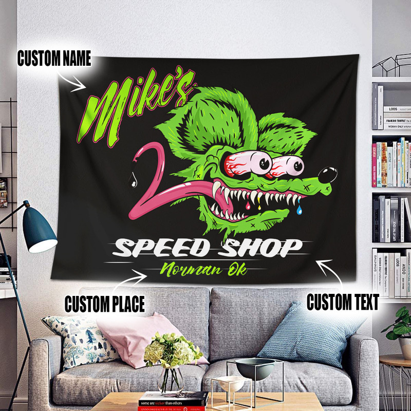 Personalized Speed Shop Rat Fink Hot Rod Garage Tapestry