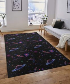 Arcade Rocketship Bowling Alley Carpet, Fluorescent Neon 80s Style Video Game Area Rug