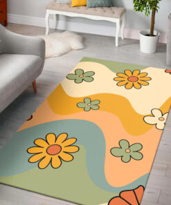 70s Rug Vintage Themed Groovy Waves and Floral Pattern Floor Mats