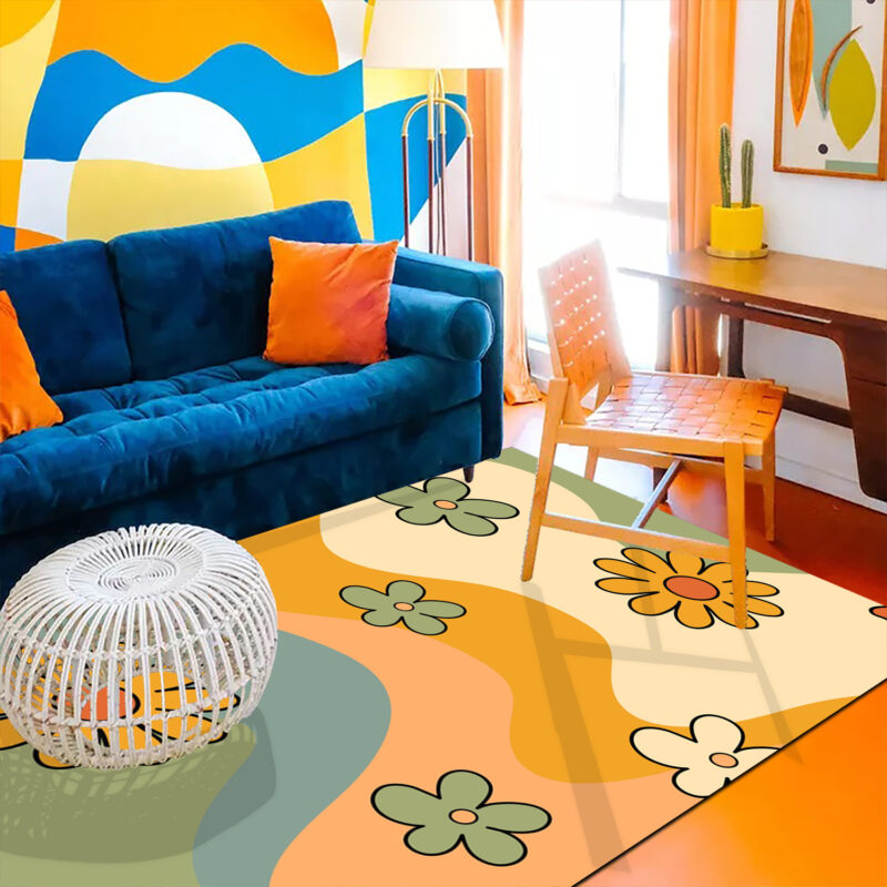70s Rug Vintage Themed Groovy Waves and Floral Pattern Floor Mats