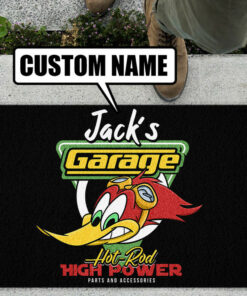 Personalized Woodpecker Hot Rod Garage Speed Shop Door Mat