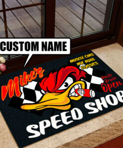 Personalized Woodpecker Hot Rod Speed Shop Parts Service Door Mat