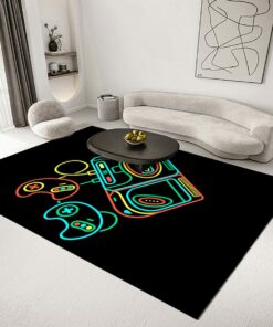 Teen Game Room Black Area Rug - 3D Gamepad Controller Gamer Boys Bedroom Carpet for Living Room - Non-Slip Floor Rug