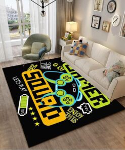 Black Video Game Carpet with Non-Slip Backing for Boys Bedroom Area Rug