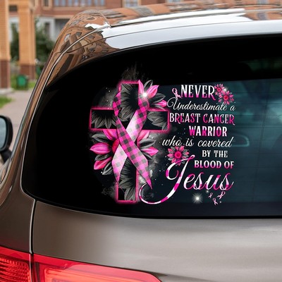 Breast Cancer Awareness Pink Caro Pattern Jesus Cross Vinyl Transparent Car Decal, Never Underestiamte A Breast Cancer Warrior Car Stickers